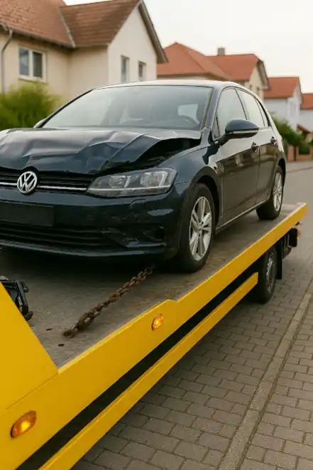 Ein defektes Auto wird für den Autoankauf in Crailsheim abgeschleppt, um umweltfreundlich und effizient verwertet zu werden.